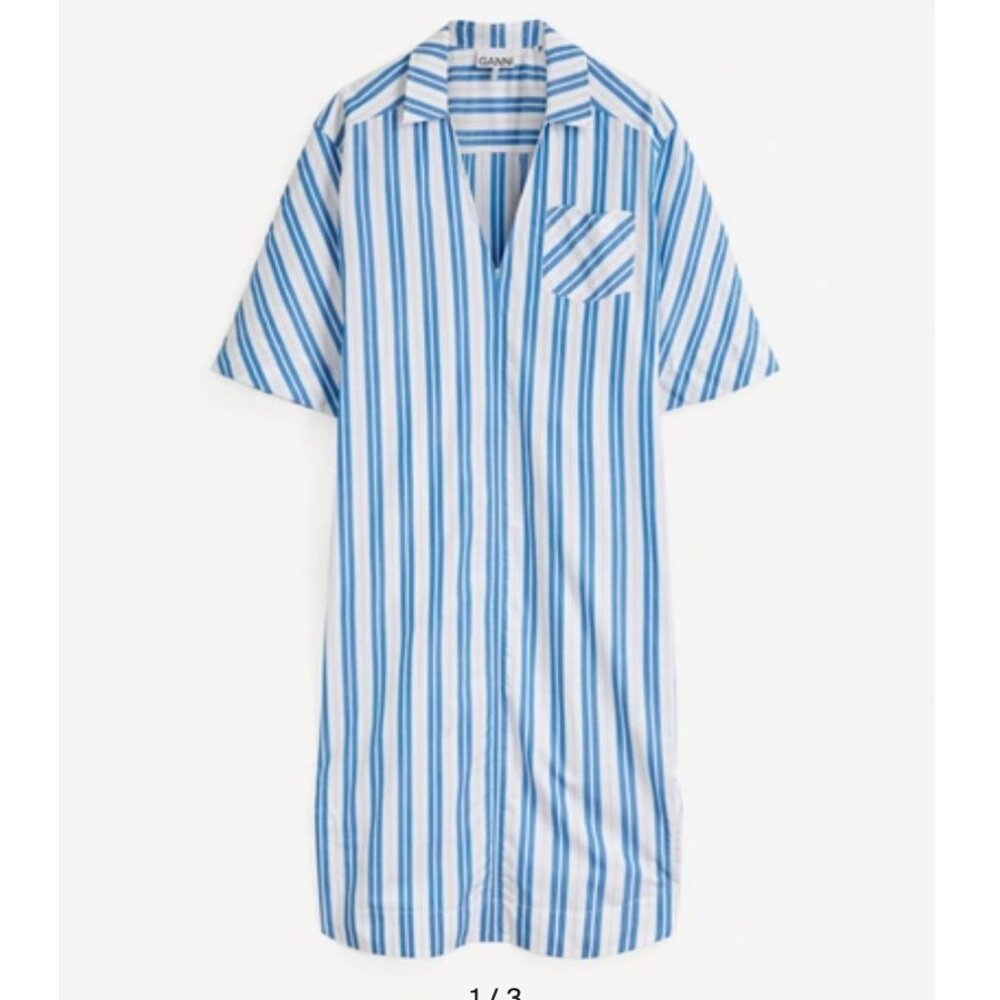 GANNI Stripe Organic Cotton Shirt Dress In Blue
